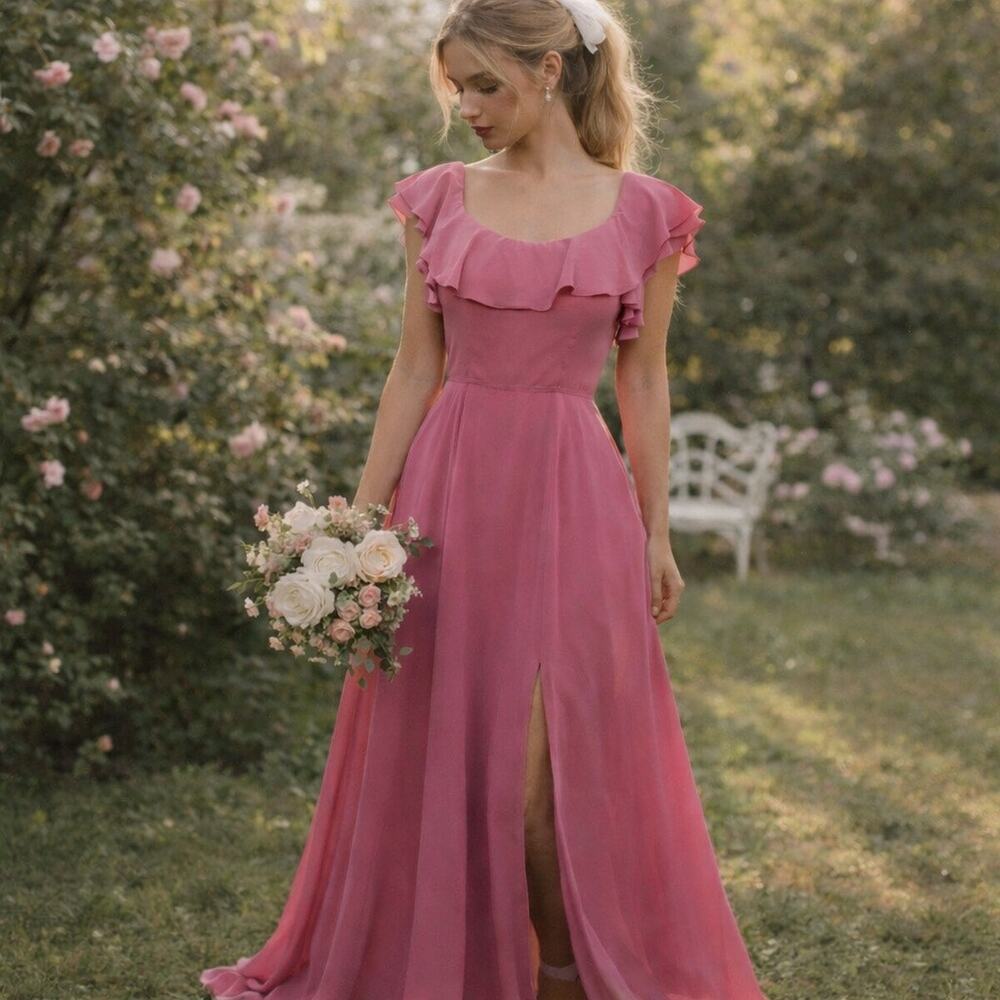 Elegant Feminine Soft Girl Coquette Blush Dusty Pink Formal Ruffle Maxi Dress